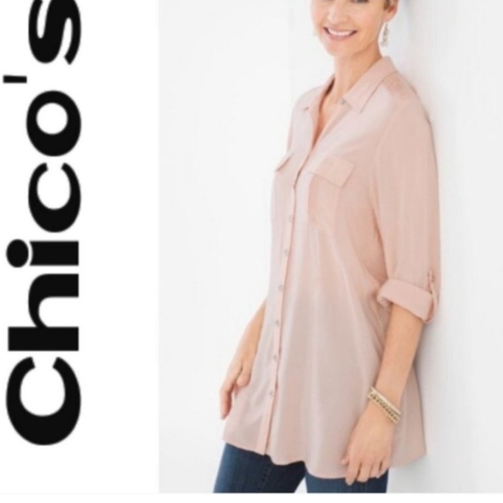 Chicos Utility Button Up Tunic Shirt Roll Tab Sleeve Sz M in Paris Pink